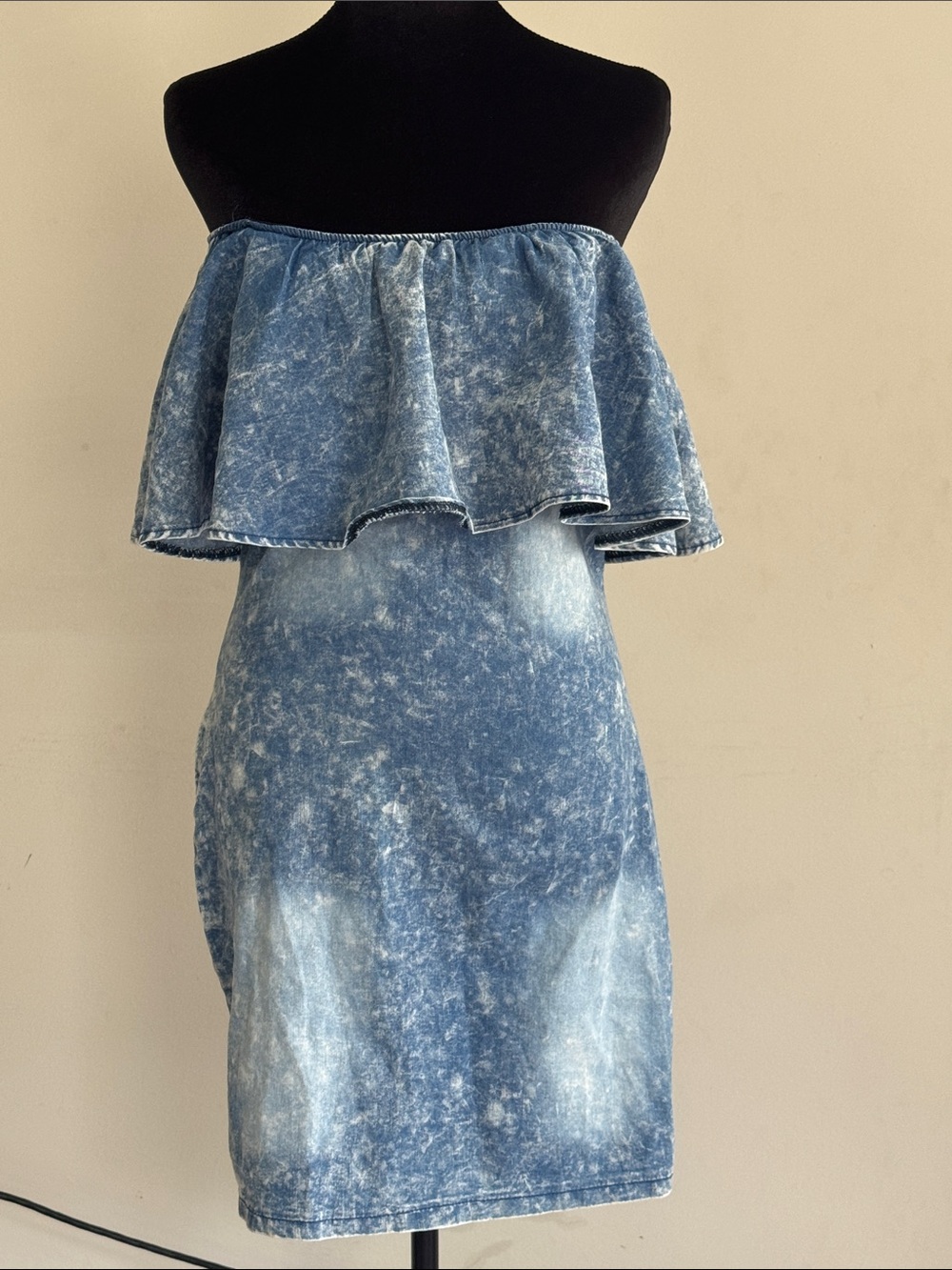 Off-Shoulder Acid Wash Denim Mini Skirt